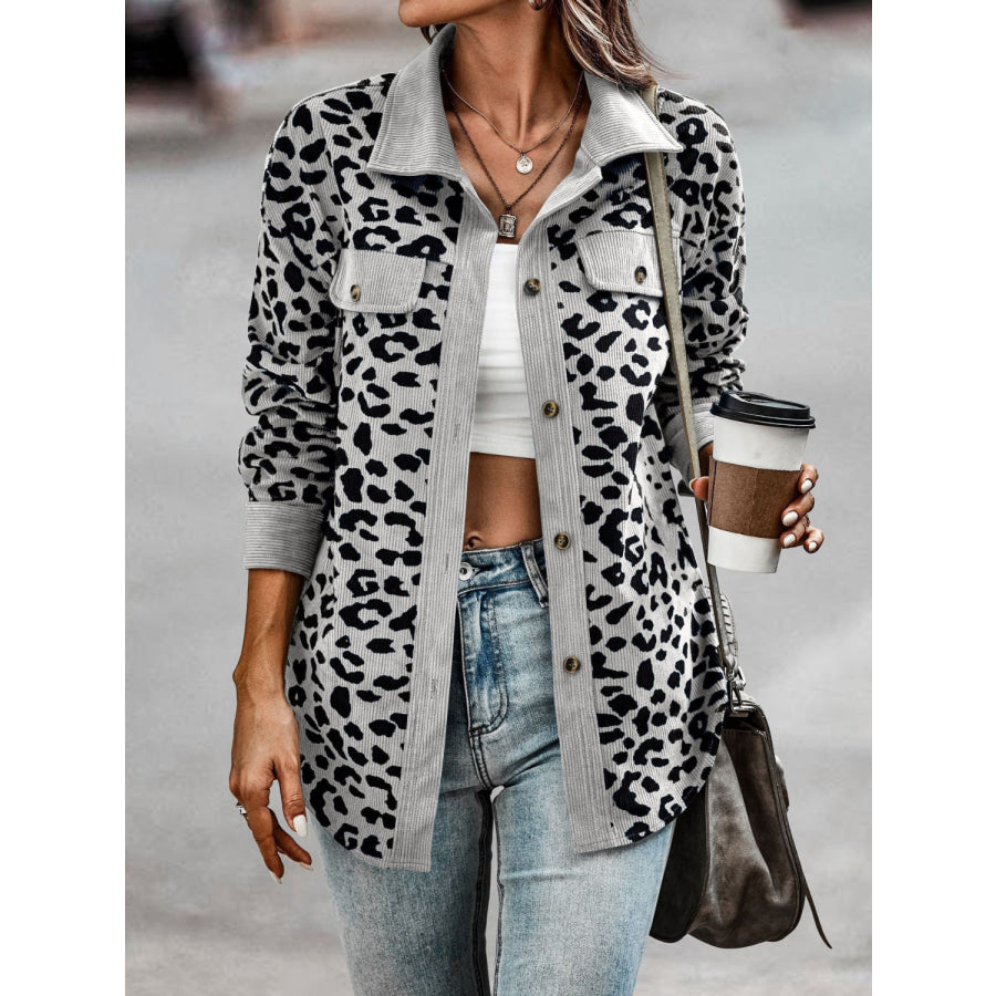 Full Size Leopard Collared Neck Button Up Long Sleeve Jacket Gray / S Apparel and Accessories