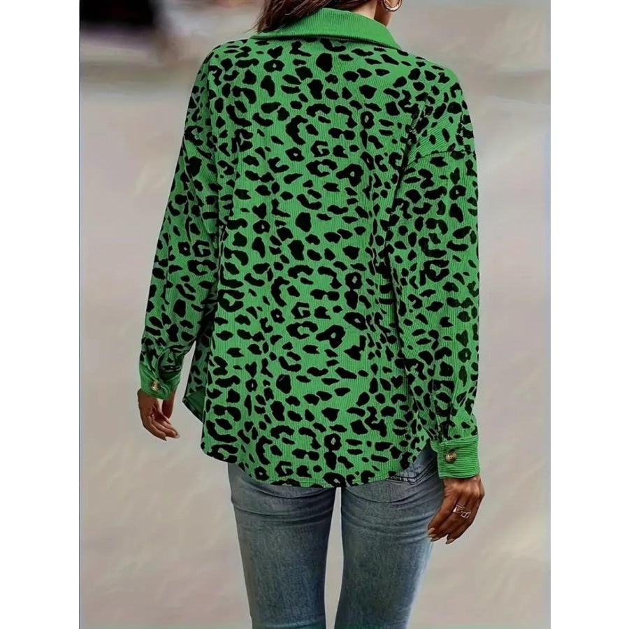 Full Size Leopard Collared Neck Button Up Long Sleeve Jacket Green / S Apparel and Accessories