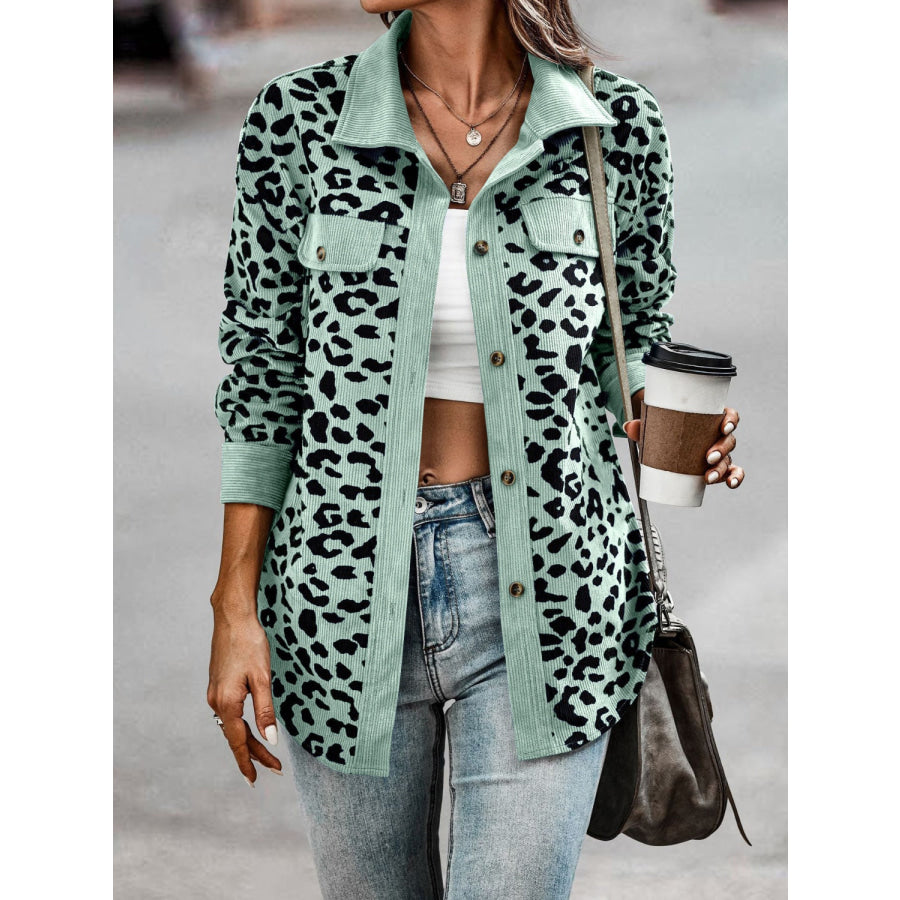 Full Size Leopard Collared Neck Button Up Long Sleeve Jacket Gum Leaf / S Apparel and Accessories