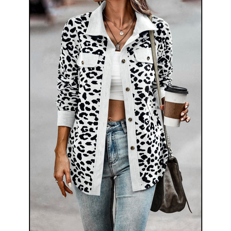 Full Size Leopard Collared Neck Button Up Long Sleeve Jacket White / S Apparel and Accessories