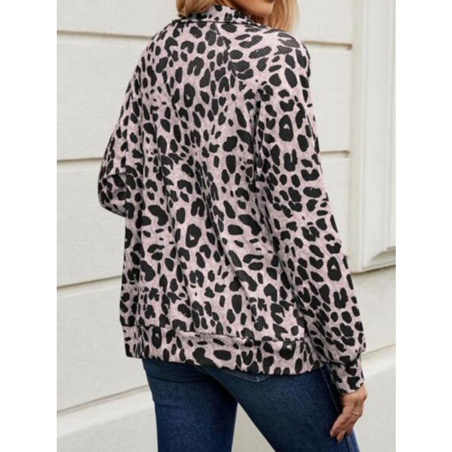 Full Size Leopard Collared Neck Zip Up Jacket Apparel and Accessories