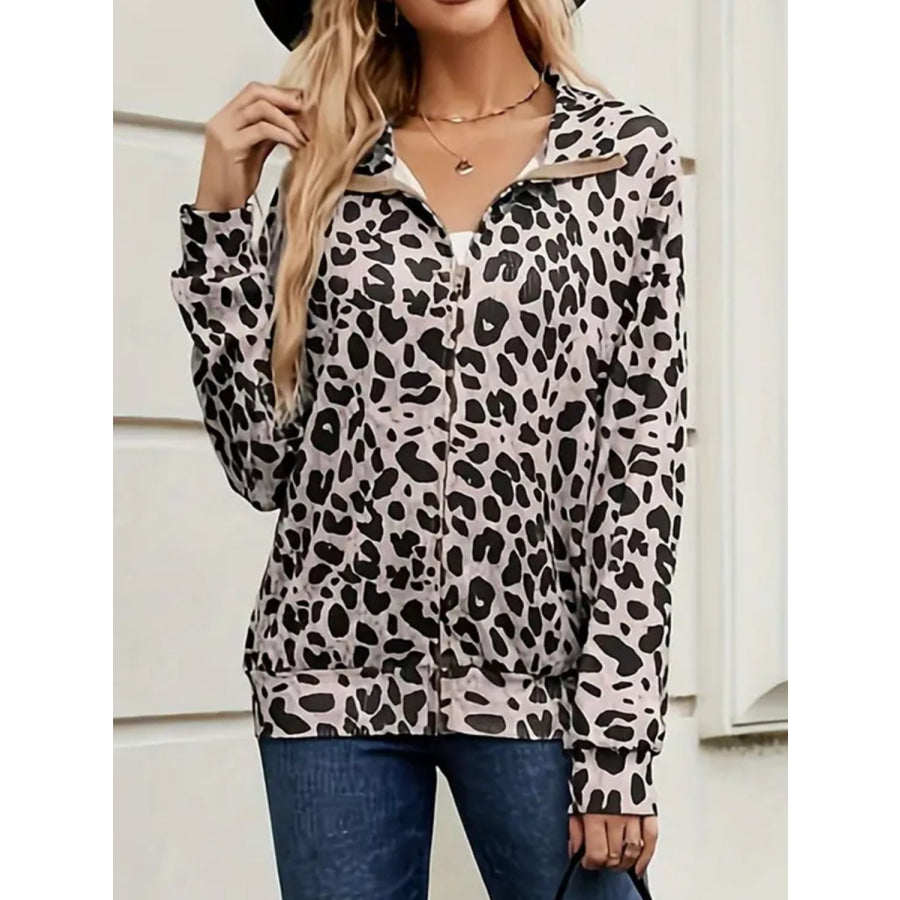 Full Size Leopard Collared Neck Zip Up Jacket Apparel and Accessories