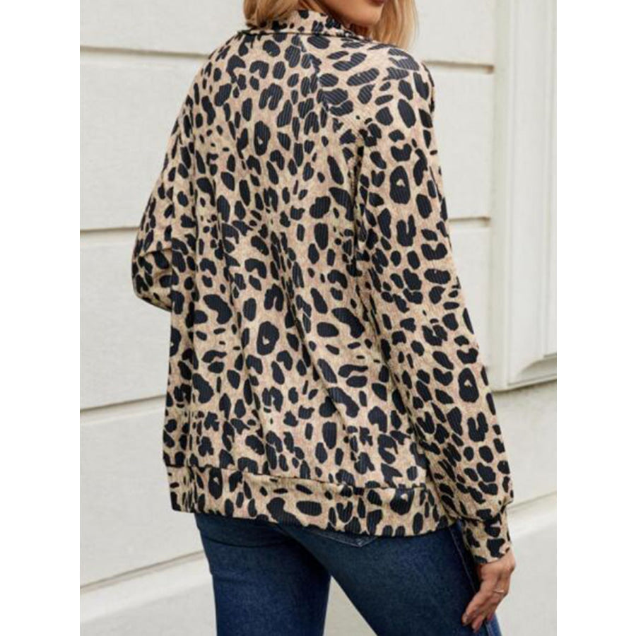 Full Size Leopard Collared Neck Zip Up Jacket Apparel and Accessories