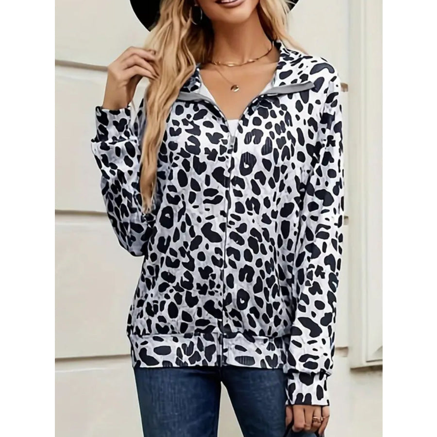 Full Size Leopard Collared Neck Zip Up Jacket Apparel and Accessories