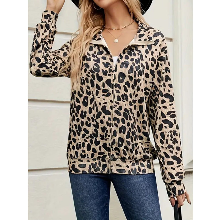 Full Size Leopard Collared Neck Zip Up Jacket Apparel and Accessories