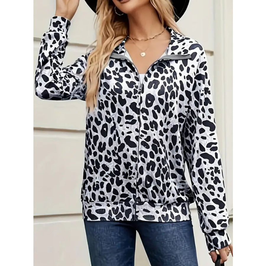 Full Size Leopard Collared Neck Zip Up Jacket Black/White / S Apparel and Accessories