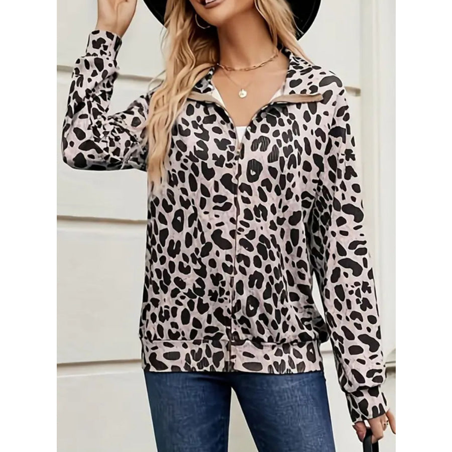 Full Size Leopard Collared Neck Zip Up Jacket Gray / S Apparel and Accessories