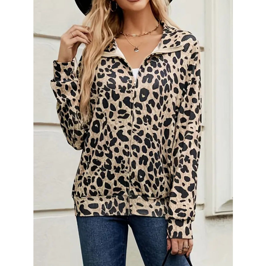 Full Size Leopard Collared Neck Zip Up Jacket Khaki / S Apparel and Accessories