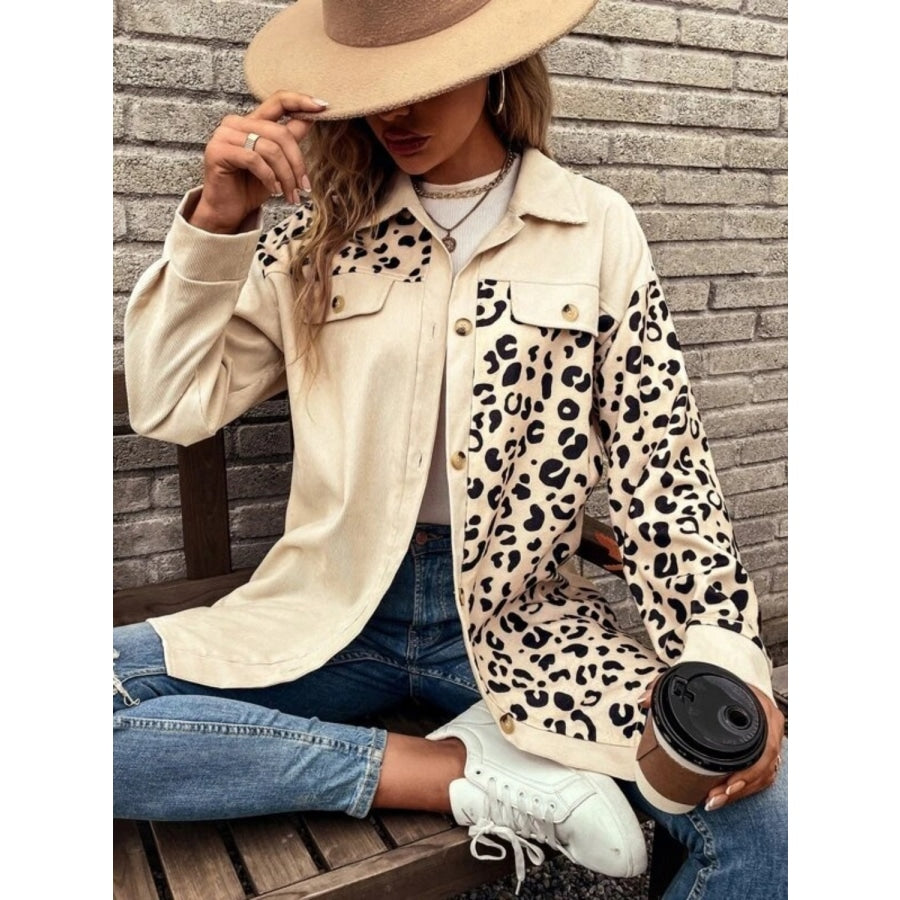 Full Size Leopard Collared Shirt Sand / S