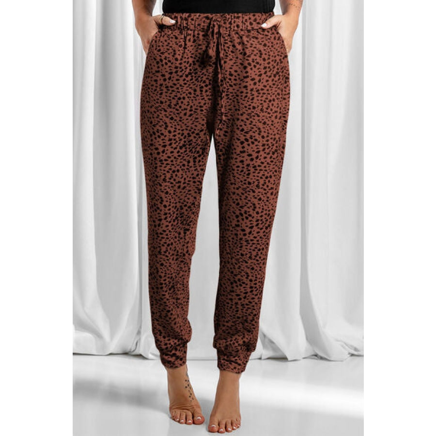 Full Size Leopard Drawstring Pocketed Pants Burnt Umber / S Clothing