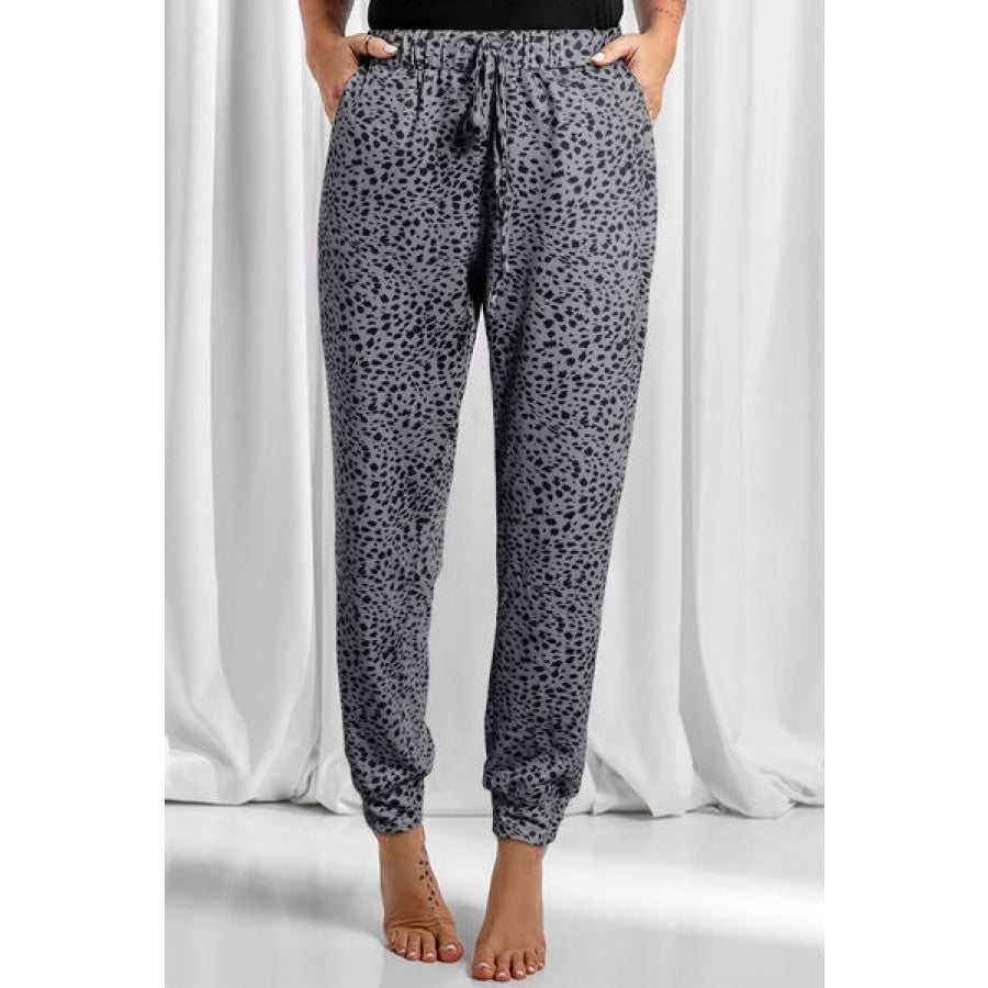 Full Size Leopard Drawstring Pocketed Pants Charcoal / S Clothing