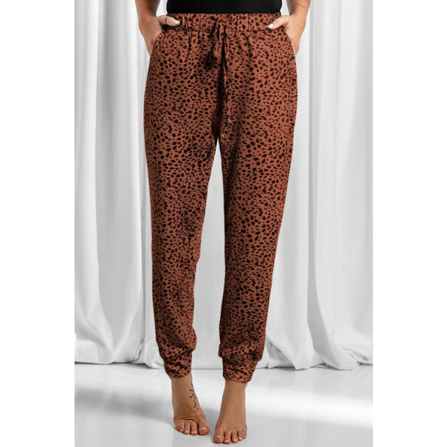 Full Size Leopard Drawstring Pocketed Pants Chestnut / S Clothing