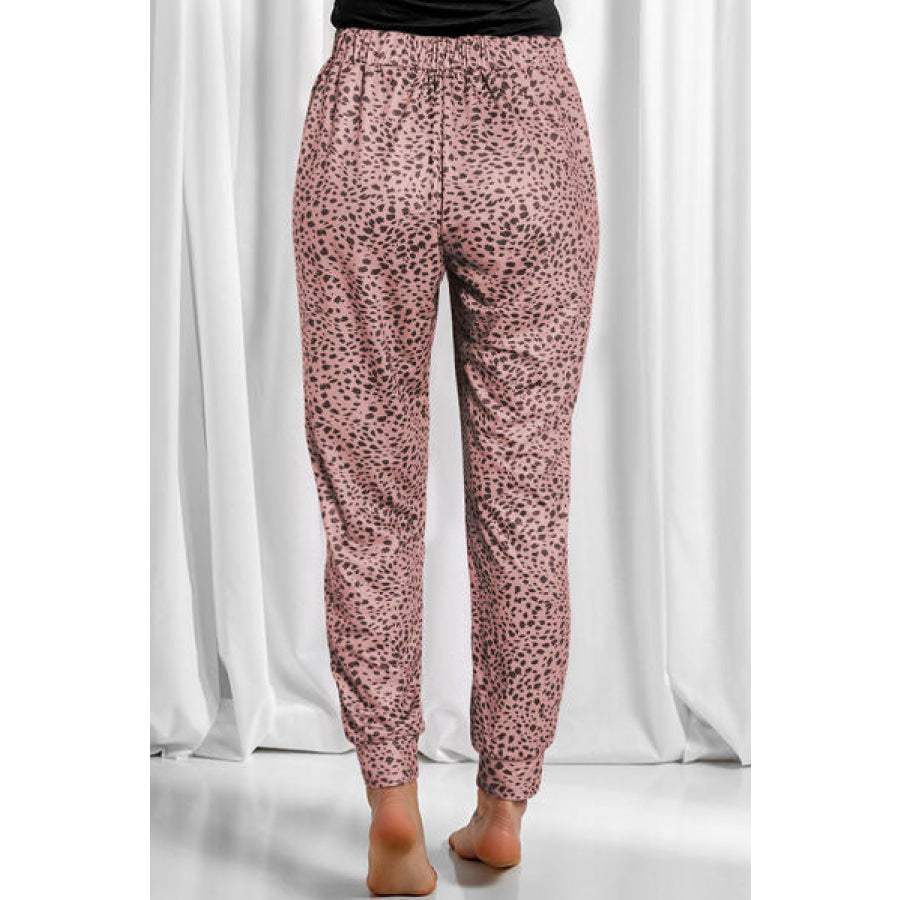 Full Size Leopard Drawstring Pocketed Pants Dusty Pink / S Clothing