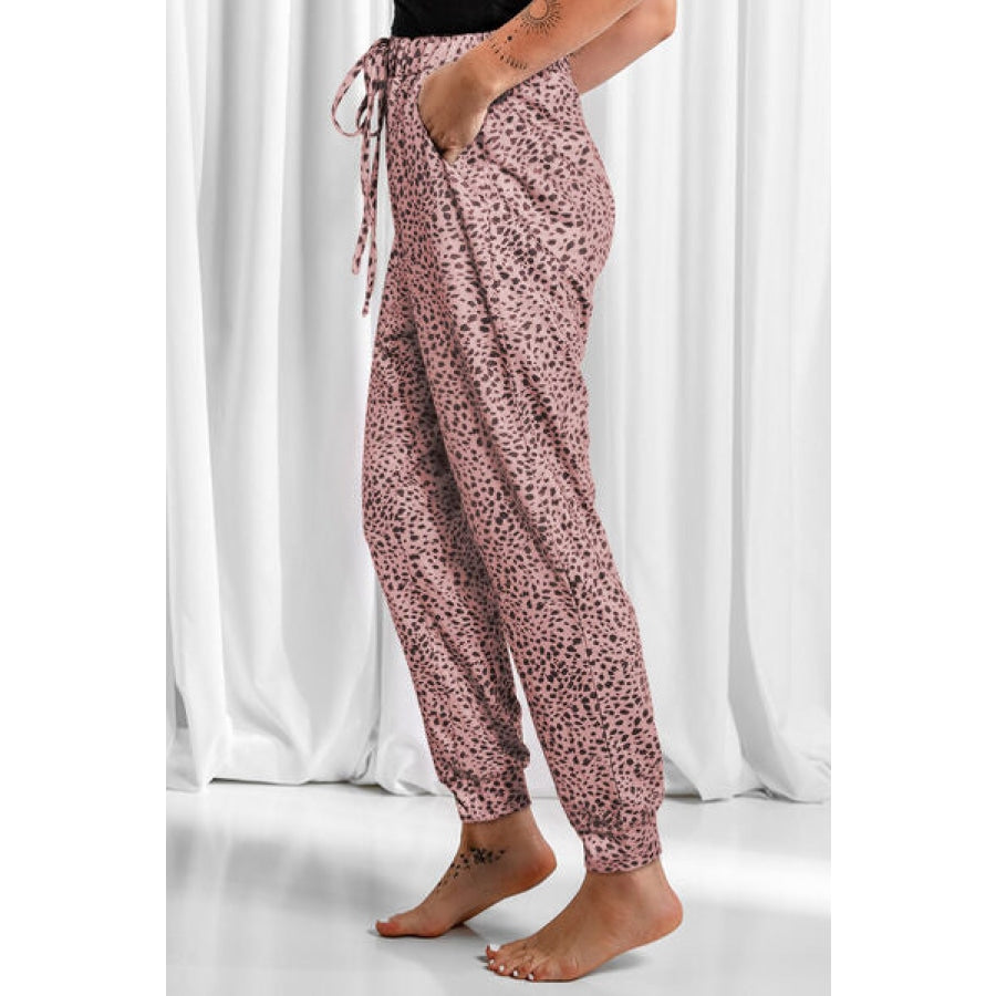 Full Size Leopard Drawstring Pocketed Pants Clothing