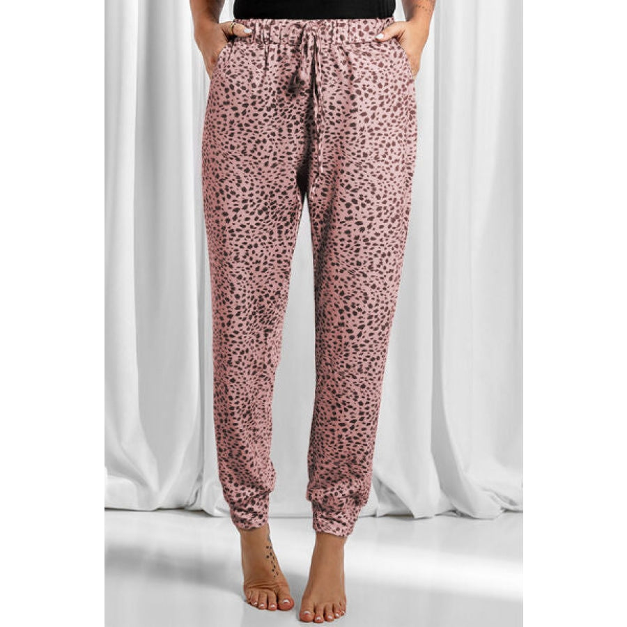 Full Size Leopard Drawstring Pocketed Pants Dusty Pink / S Clothing