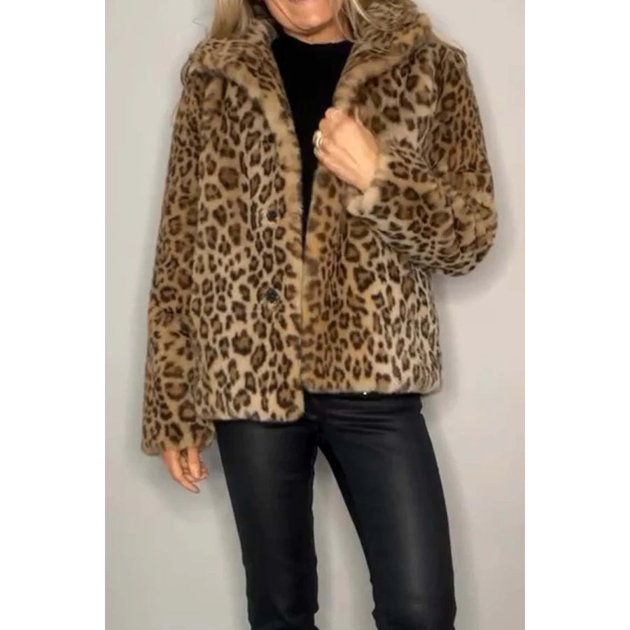 Full Size Leopard Furry Collared Neck Long Sleeve Coat Apparel and Accessories