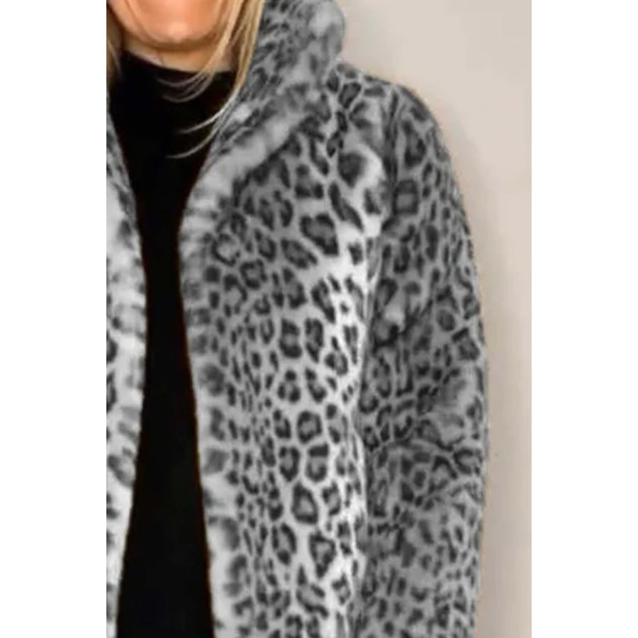 Full Size Leopard Furry Collared Neck Long Sleeve Coat Apparel and Accessories