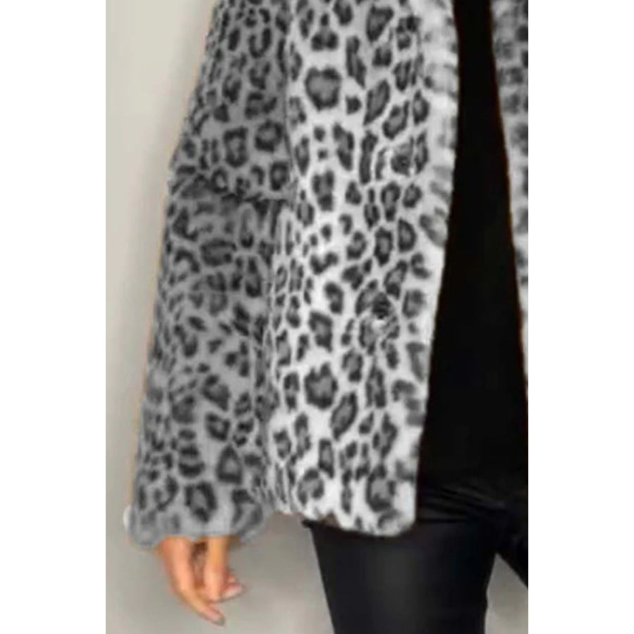 Full Size Leopard Furry Collared Neck Long Sleeve Coat Apparel and Accessories