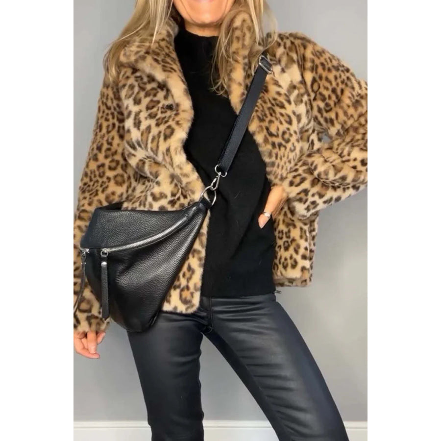 Full Size Leopard Furry Collared Neck Long Sleeve Coat Apparel and Accessories