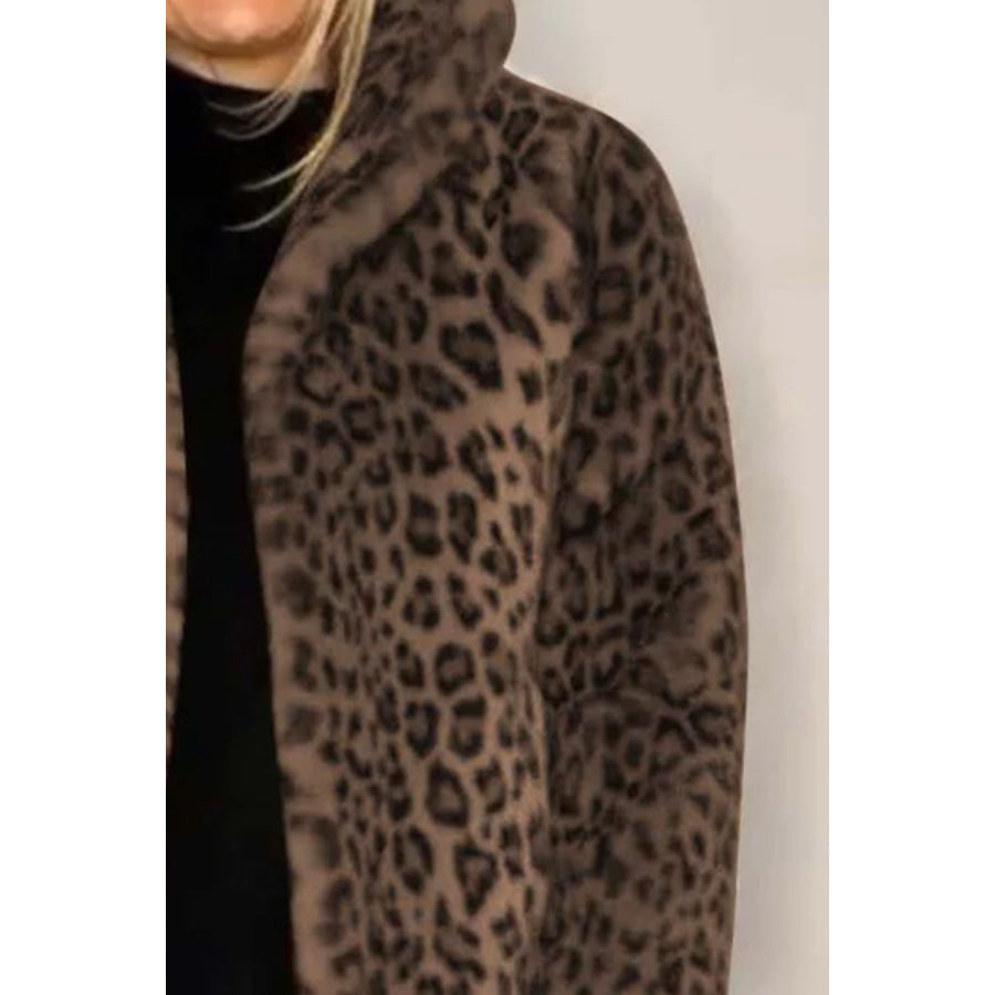 Full Size Leopard Furry Collared Neck Long Sleeve Coat Apparel and Accessories