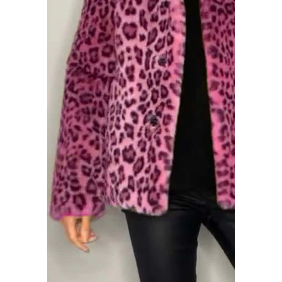 Full Size Leopard Furry Collared Neck Long Sleeve Coat Apparel and Accessories