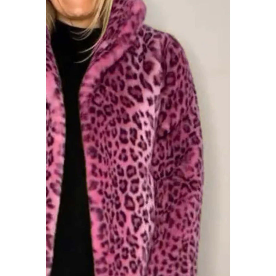 Full Size Leopard Furry Collared Neck Long Sleeve Coat Apparel and Accessories