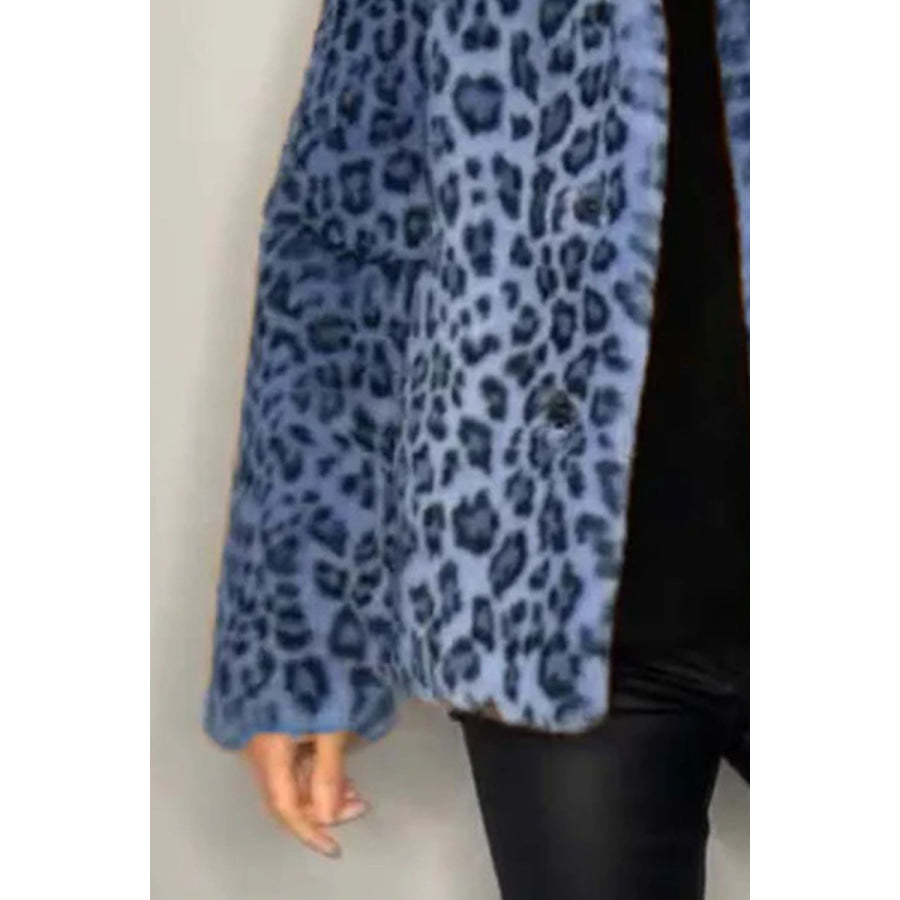 Full Size Leopard Furry Collared Neck Long Sleeve Coat Apparel and Accessories