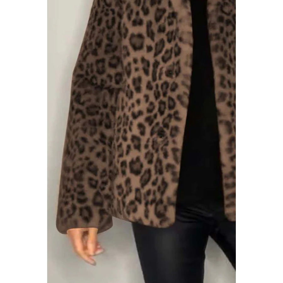 Full Size Leopard Furry Collared Neck Long Sleeve Coat Apparel and Accessories