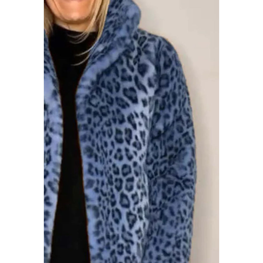 Full Size Leopard Furry Collared Neck Long Sleeve Coat Apparel and Accessories