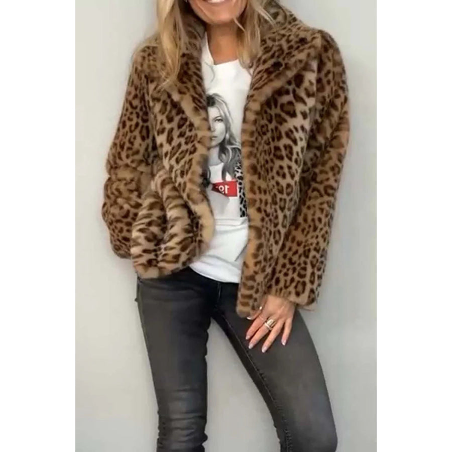 Full Size Leopard Furry Collared Neck Long Sleeve Coat Apparel and Accessories