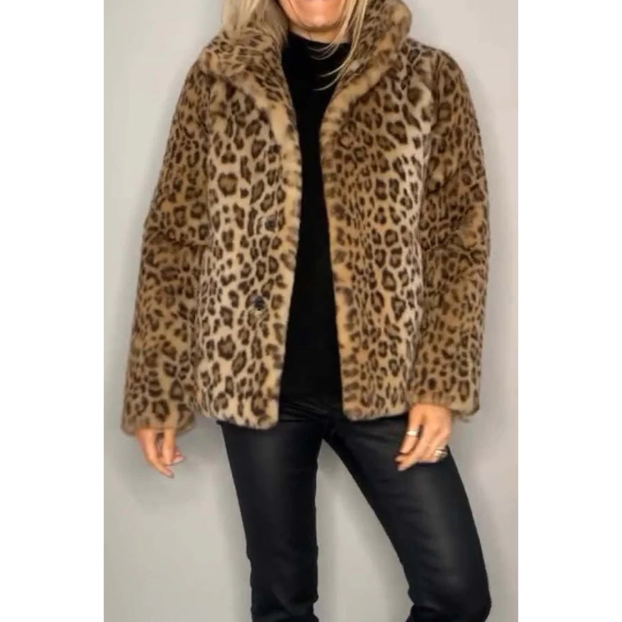 Full Size Leopard Furry Collared Neck Long Sleeve Coat Camel / S Apparel and Accessories