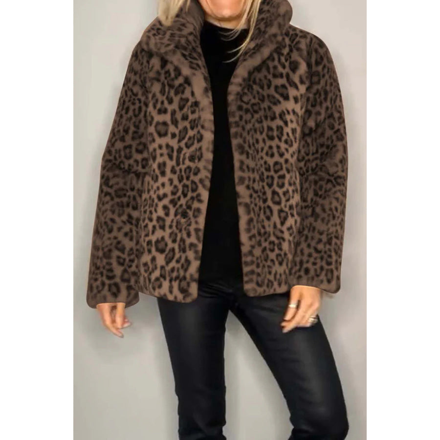 Full Size Leopard Furry Collared Neck Long Sleeve Coat Cerise / S Apparel and Accessories