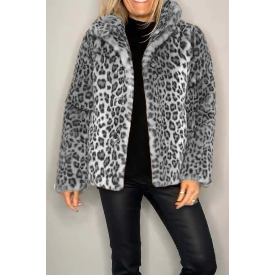 Full Size Leopard Furry Collared Neck Long Sleeve Coat Gray / S Apparel and Accessories