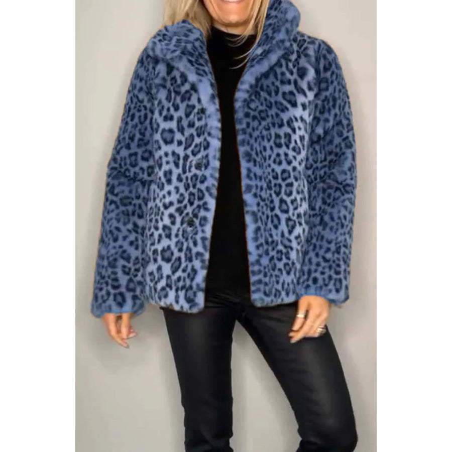 Full Size Leopard Furry Collared Neck Long Sleeve Coat Royal Blue / S Apparel and Accessories