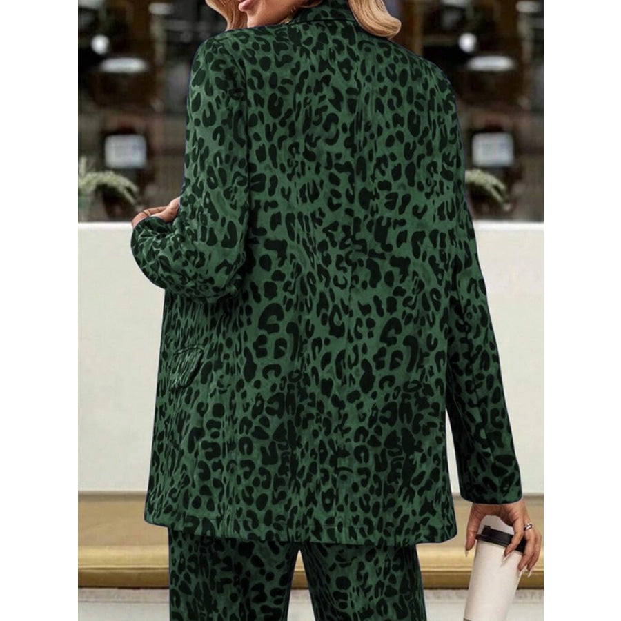 Full Size Leopard Lapel Collar Long Sleeve Blazer and Pants Set Apparel and Accessories