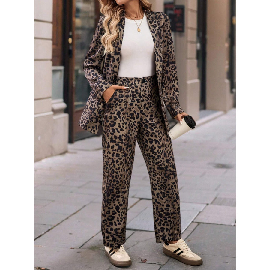 Full Size Leopard Lapel Collar Long Sleeve Blazer and Pants Set Apparel and Accessories