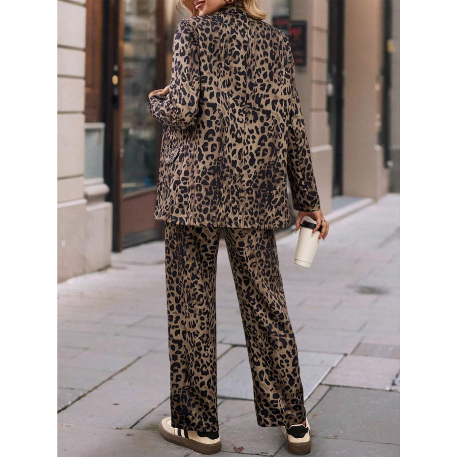 Full Size Leopard Lapel Collar Long Sleeve Blazer and Pants Set Apparel and Accessories