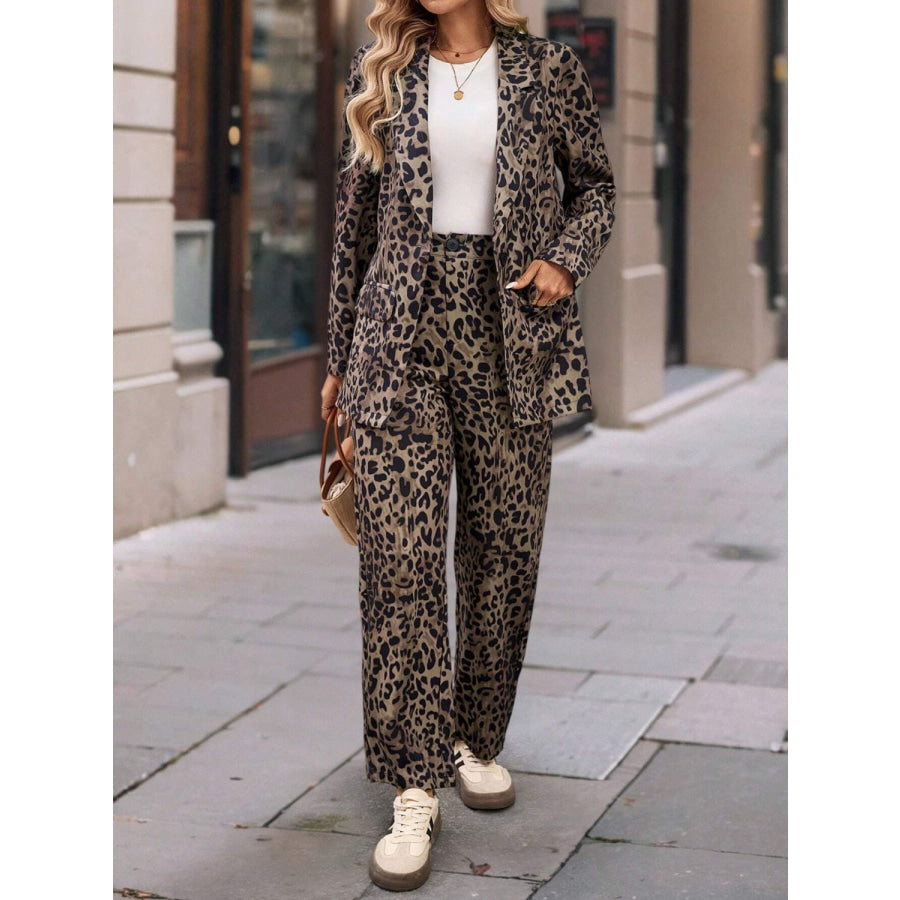 Full Size Leopard Lapel Collar Long Sleeve Blazer and Pants Set Apparel and Accessories