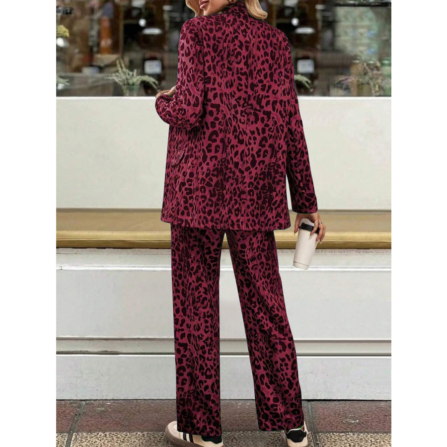 Full Size Leopard Lapel Collar Long Sleeve Blazer and Pants Set Apparel and Accessories