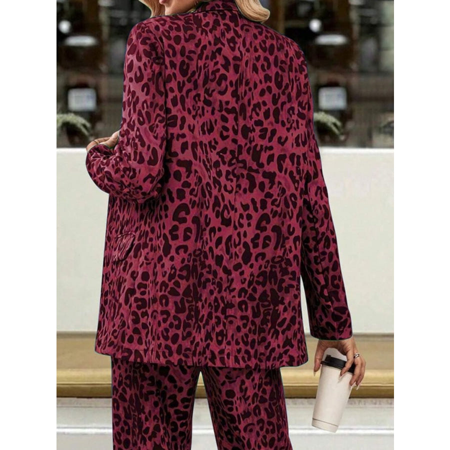 Full Size Leopard Lapel Collar Long Sleeve Blazer and Pants Set Apparel and Accessories