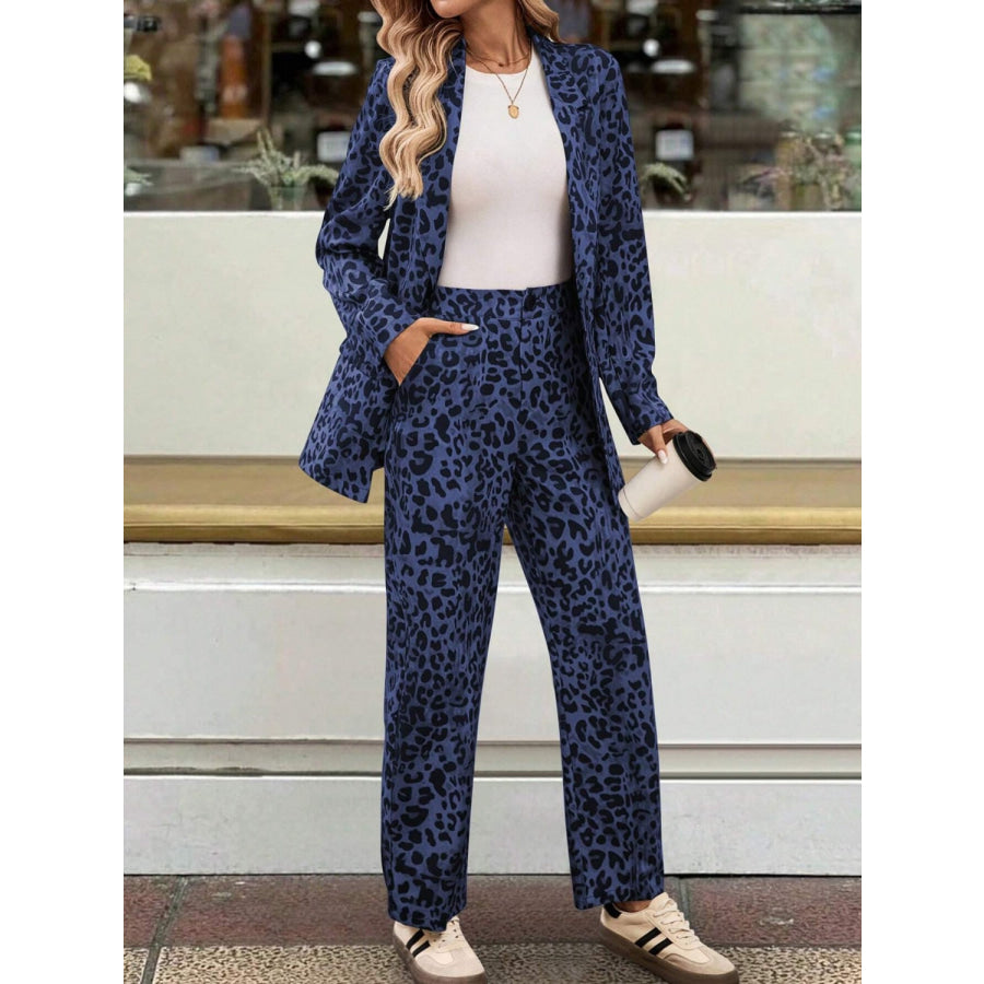 Full Size Leopard Lapel Collar Long Sleeve Blazer and Pants Set Apparel and Accessories