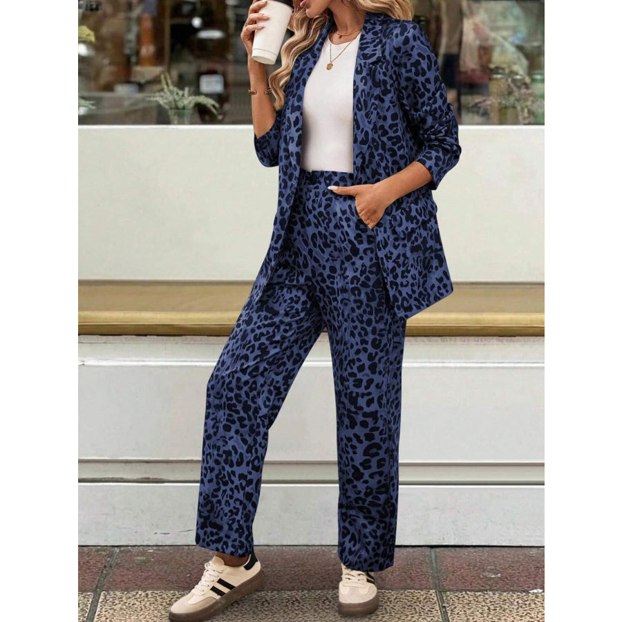 Full Size Leopard Lapel Collar Long Sleeve Blazer and Pants Set Apparel and Accessories