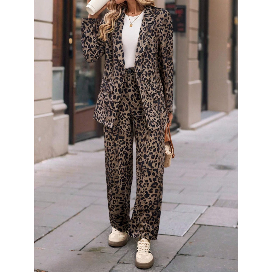 Full Size Leopard Lapel Collar Long Sleeve Blazer and Pants Set Apparel and Accessories