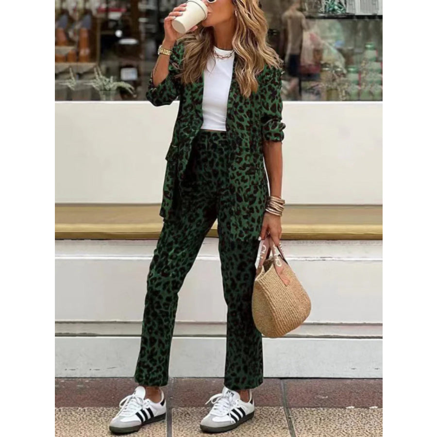 Full Size Leopard Lapel Collar Long Sleeve Blazer and Pants Set Dark Green / S Apparel and Accessories