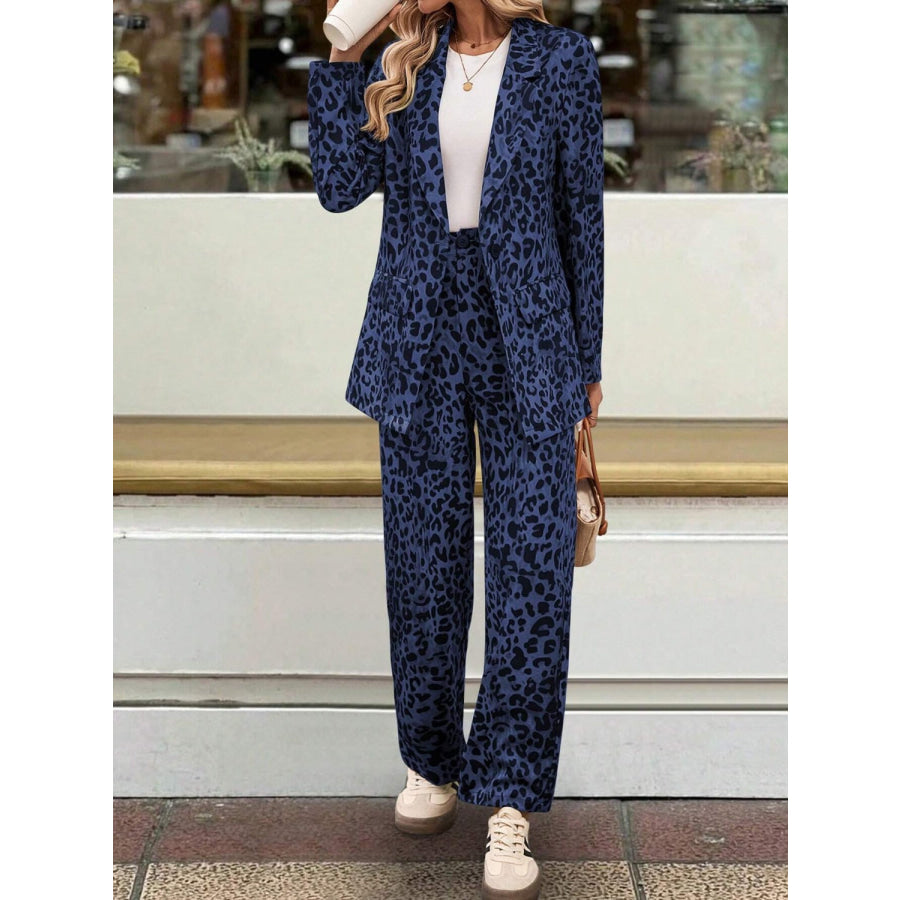 Full Size Leopard Lapel Collar Long Sleeve Blazer and Pants Set Indigo / S Apparel and Accessories