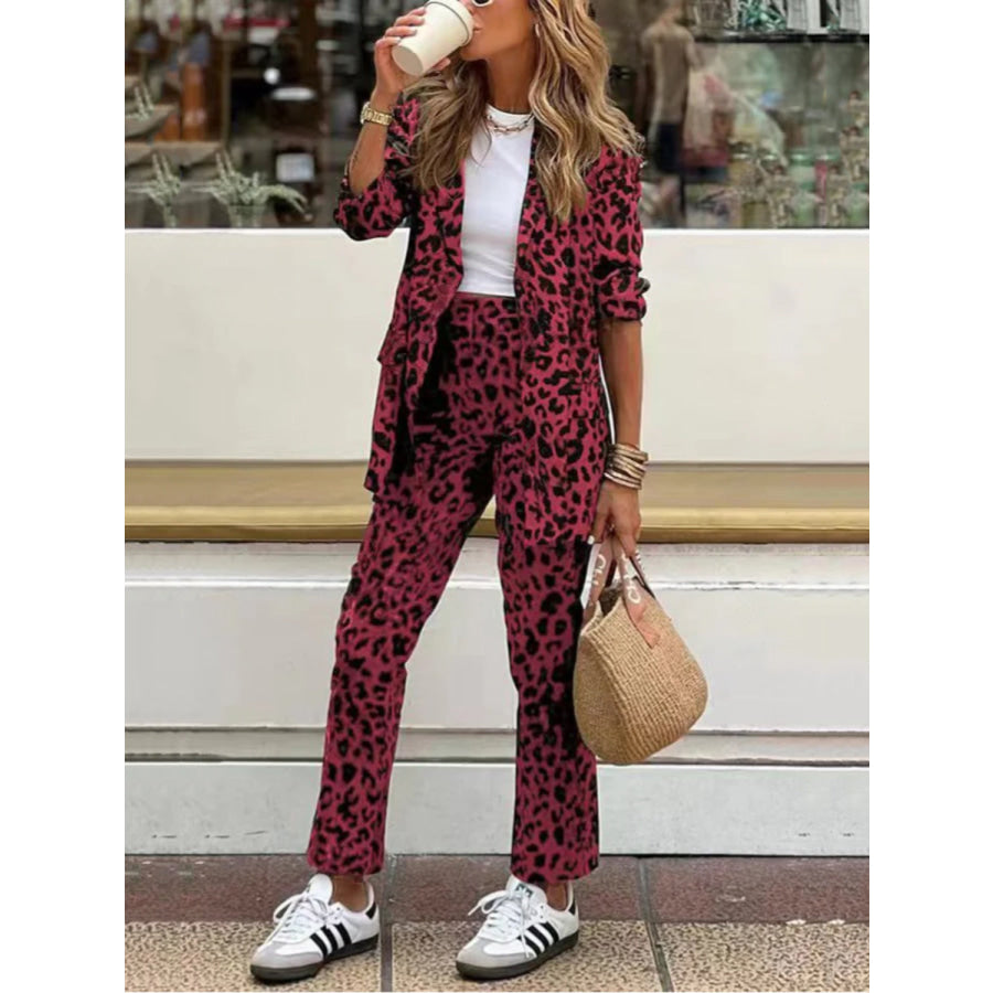 Full Size Leopard Lapel Collar Long Sleeve Blazer and Pants Set Rust / S Apparel and Accessories