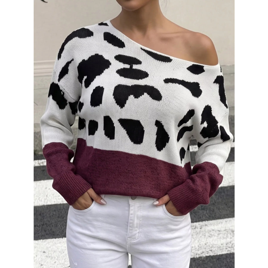 Full Size Leopard One Shoulder Sweater Plus Burgundy / S Apparel and Accessories