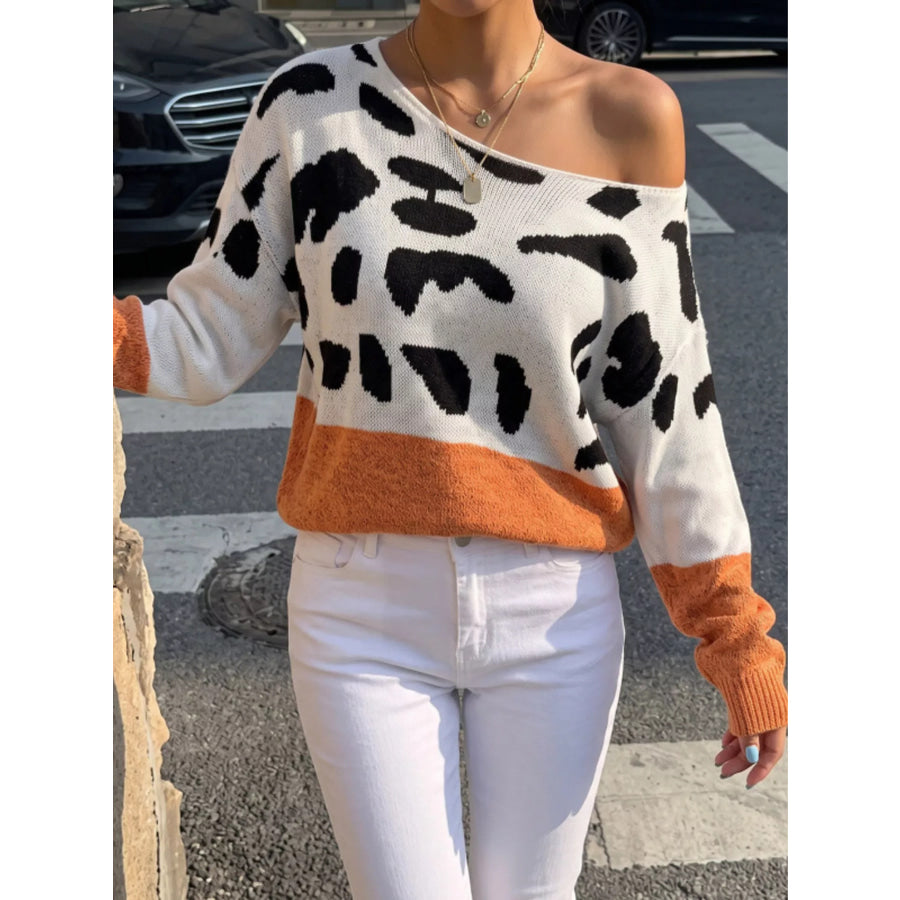 Full Size Leopard One Shoulder Sweater Plus Orange / S Apparel and Accessories
