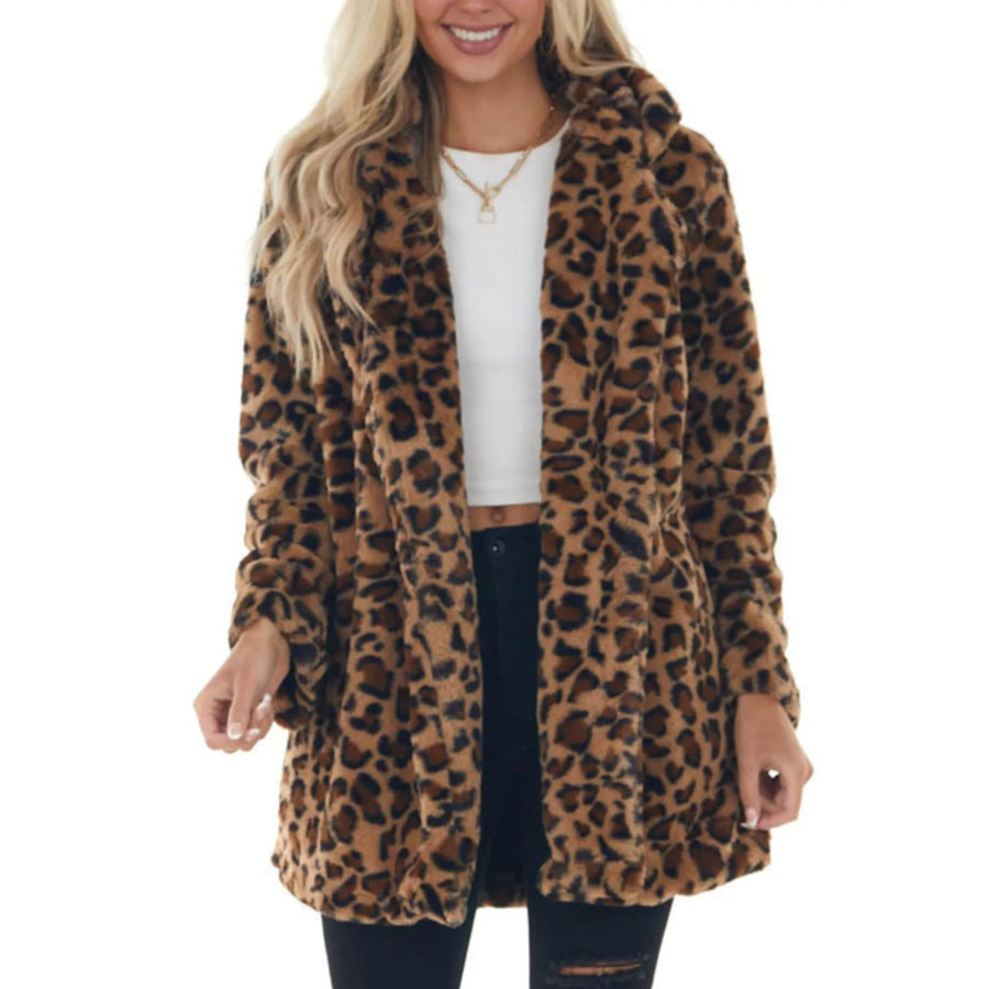 Full Size Leopard Open Front Outerwear Plus Apparel and Accessories