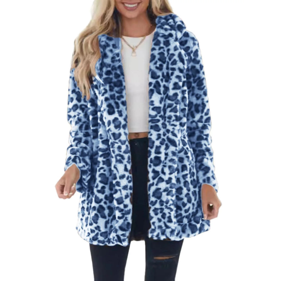 Full Size Leopard Open Front Outerwear Plus Blue / S Apparel and Accessories